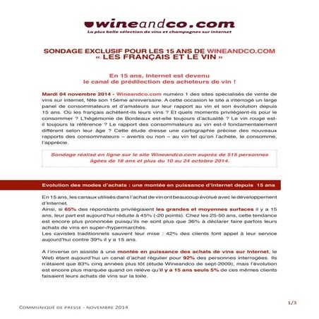 SONDAGE EXCLUSIF POUR LES 15 ANS DE WINEANDCO.COM « LES FRANÇAIS ET LE VIN »