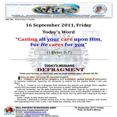 WFIA, Prayer For 16 September 2011