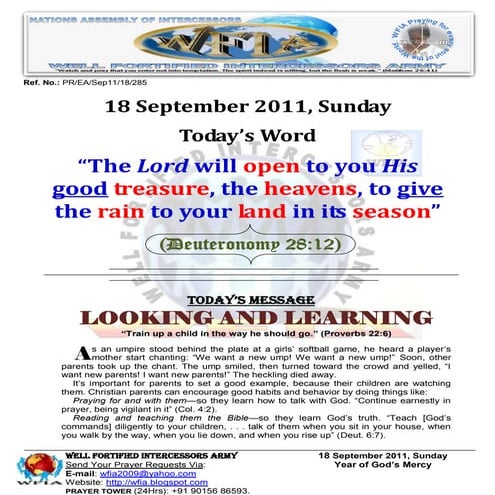 WFIA, Prayer For 18 September 2011