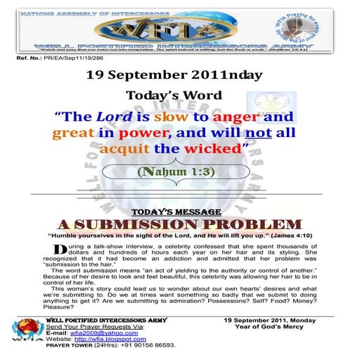 WFIA, Prayer For 19 September 2011