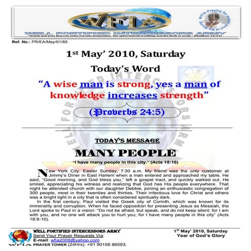 WFIA, Prayer for 1st May' 2010