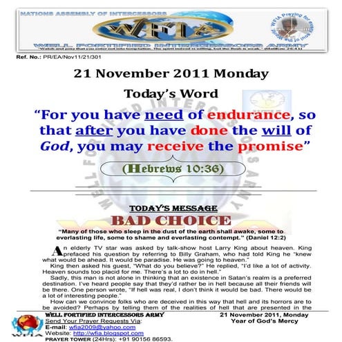 WFIA, Prayer For 21 November 2011