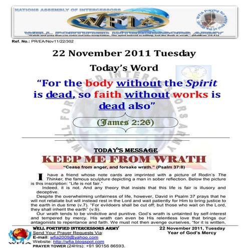 WFIA, Prayer For 22 November 2011