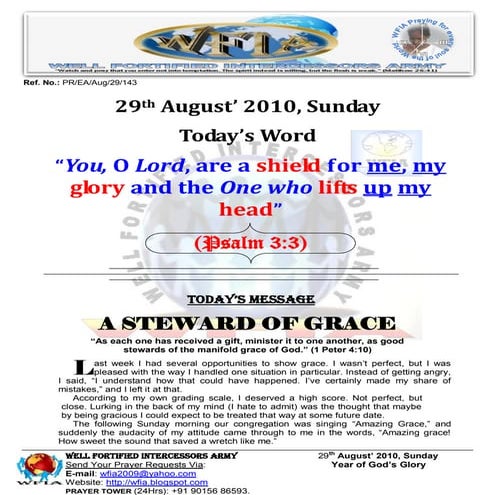 WFIA, Prayer for 29th August' 2010