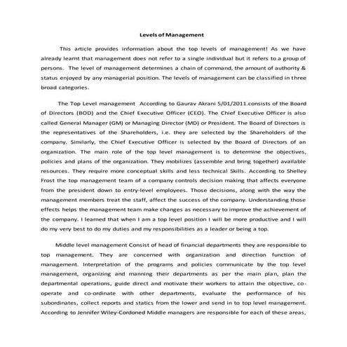 THREE LEVELS OF MANAGEMENT