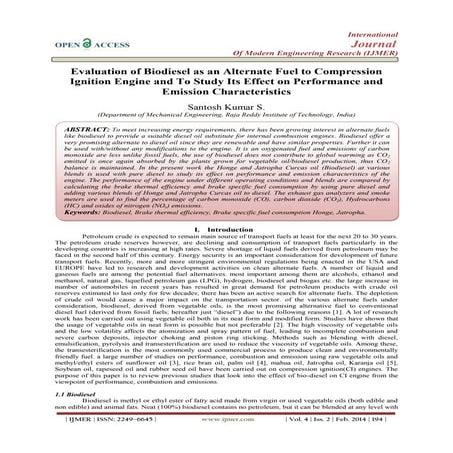 Evaluation of Biodiesel as an Alternate Fuel to Compression Ignition Engine a...