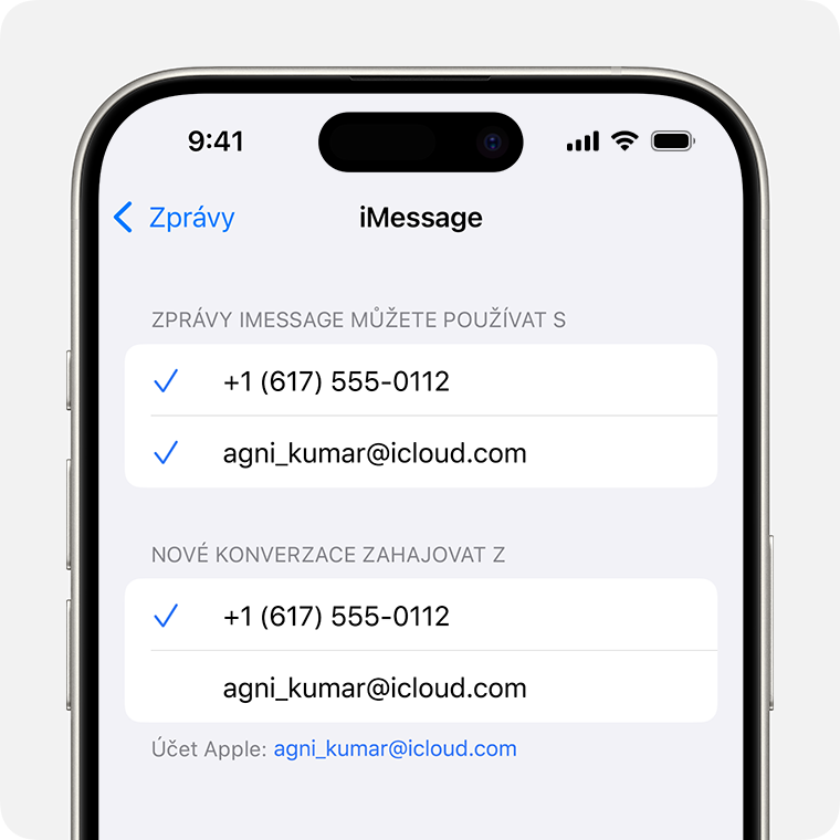 iPhone s obrazovkou nastavení zpráv iMessage s možnostmi výběru telefonního čísla nebo e-mailové adresy, kterou chcete použít k přijímání zpráv iMessage, odpovídání na zprávy iMessage a zahajování nových konverzací.