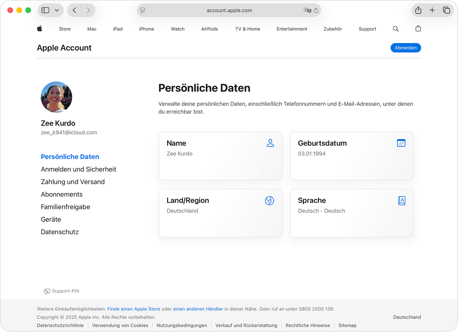 Die Apple Account-Seite mit persönlichen Daten und Geburtsdatum