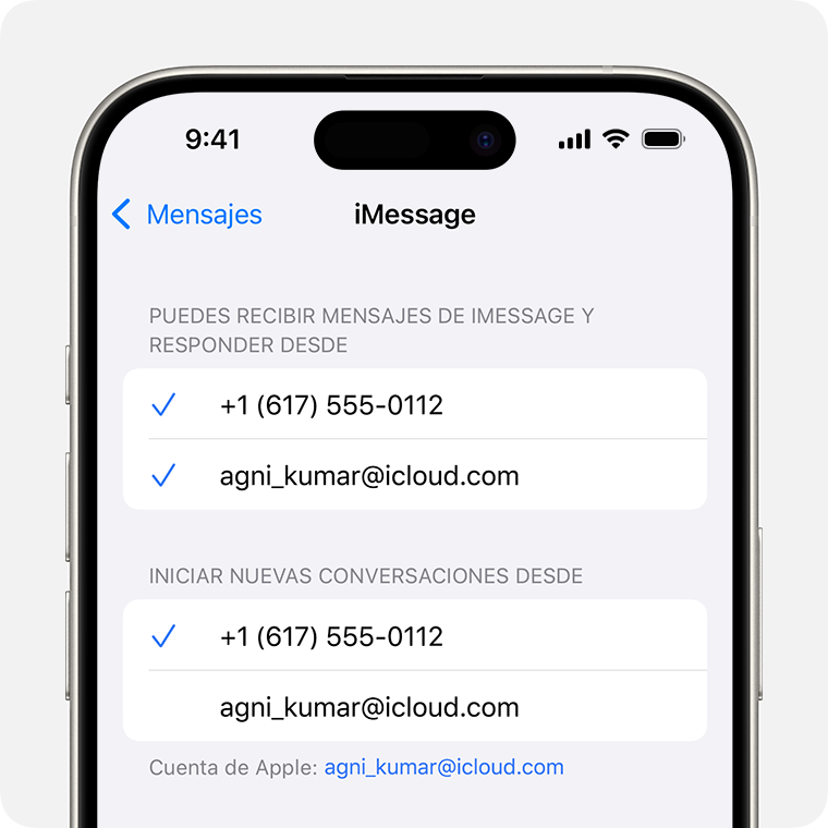 Un iPhone en el que se muestra la pantalla de configuración de iMessage con opciones para seleccionar qué número de teléfono o dirección de correo electrónico te gustaría usar para recibir mensajes de iMessage, responder a mensajes de iMessage e iniciar nuevas conversaciones.