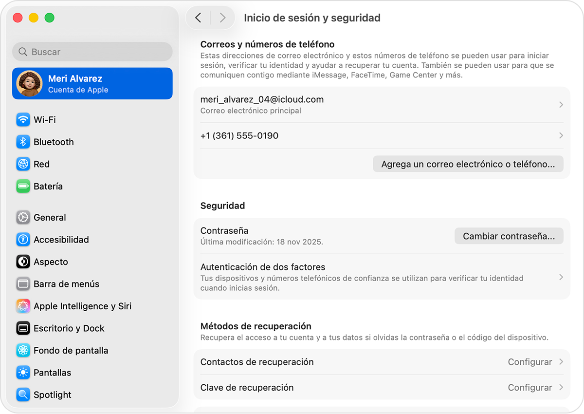 Mac en la que se muestra la configuración de seguridad y de inicio de sesión de la cuenta de Apple