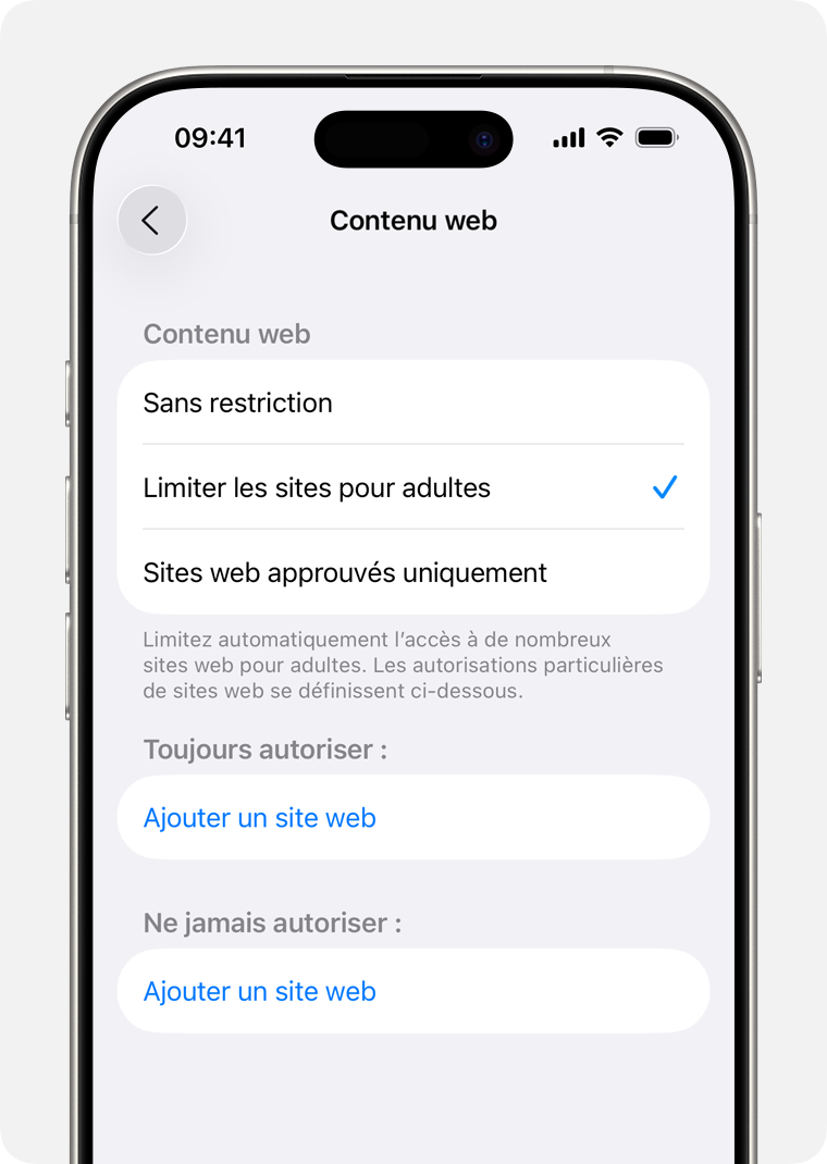 Écran d’iPhone affichant les options de contrôle parental pour restreindre le contenu web.