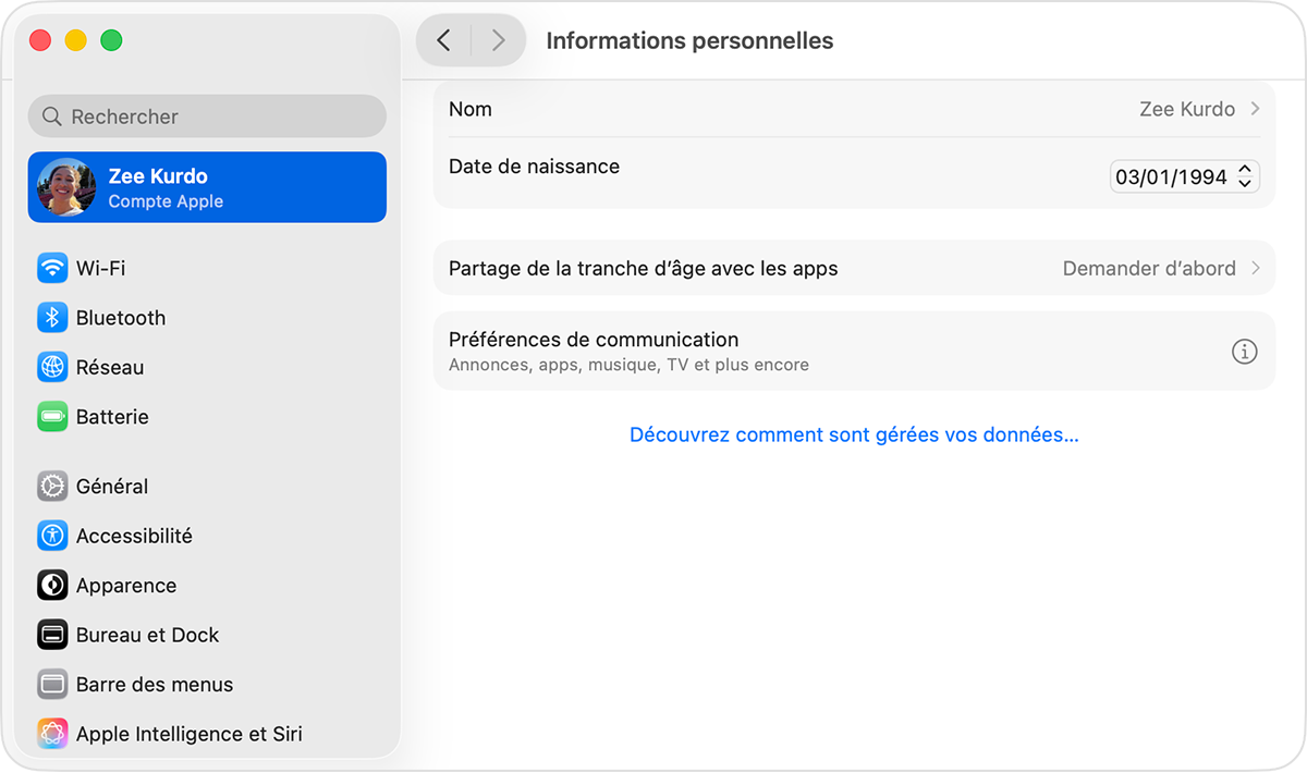 Réglages du compte Apple sur Mac affichant le champ Date de naissance