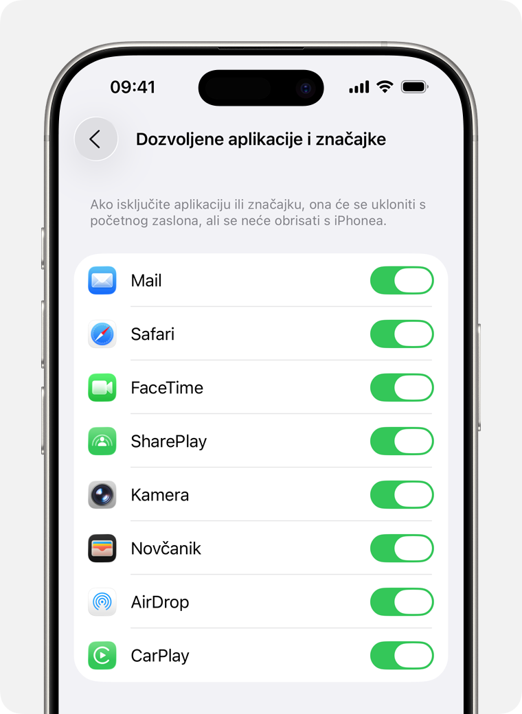 Zaslon iPhone uređaja na kojem se prikazuju dopuštene aplikacije kojima možete upravljati.