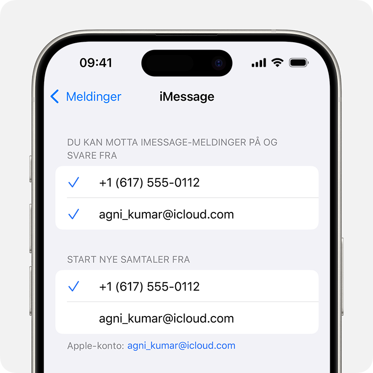 iPhone som viser skjermen for iMessage-innstillinger med alternativer for å velge hvilket telefonnummer eller hvilken e-postadresse du vil bruke for å motta iMessage-meldinger, svare på iMessage-meldinger og starte nye samtaler.