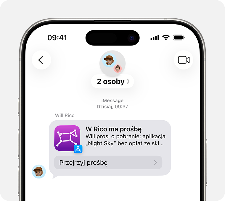 Ekran iPhone’a wyświetlający powiadomienie Poproś o zakup w aplikacji Wiadomości.