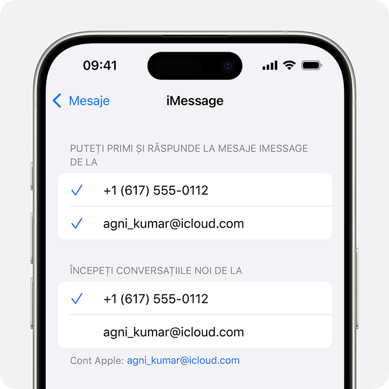 Un iPhone care afișează ecranul de configurări iMessage cu opțiuni pentru a selecta numărul de telefon sau adresa de e-mail pe care dorești să le folosești pentru a primi mesaje iMessage, pentru a răspunde la mesaje iMessage și pentru a începe conversații noi.