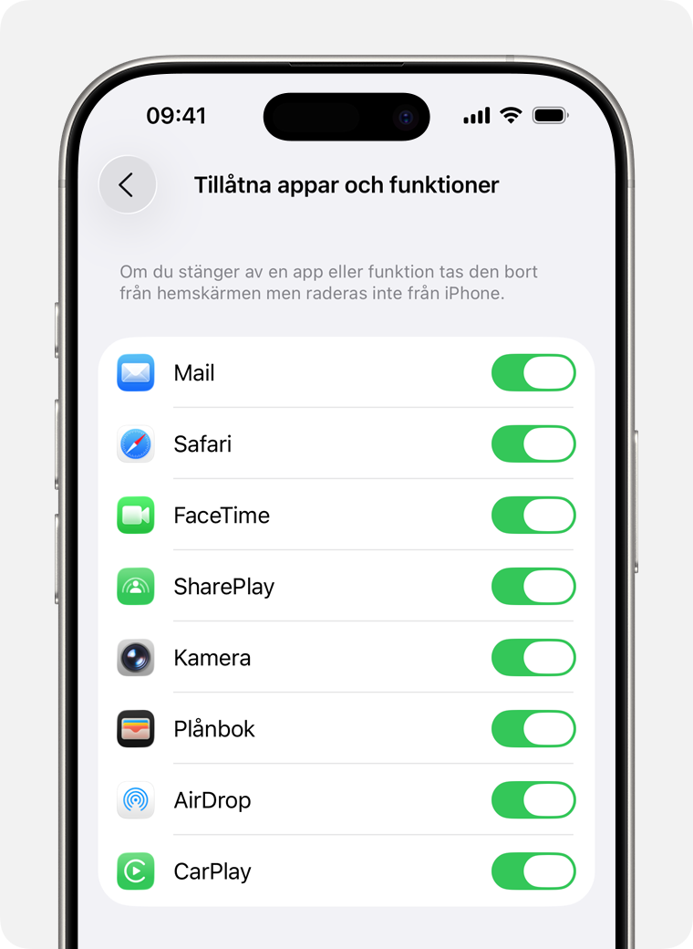 iPhone-skärm som visar tillåtna appar som du kan hantera.