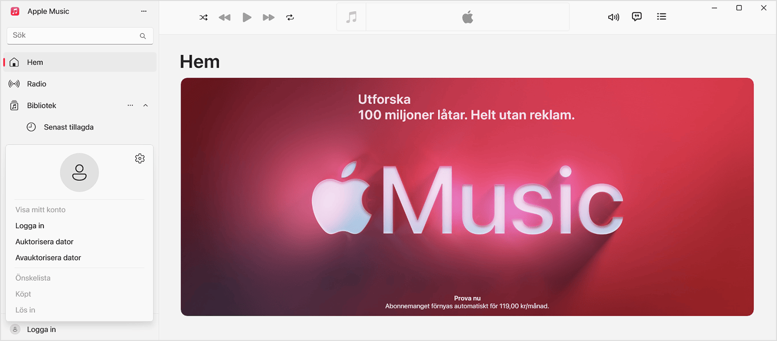 Logga in med ditt Apple-konto i Apple Music-appen för Windows