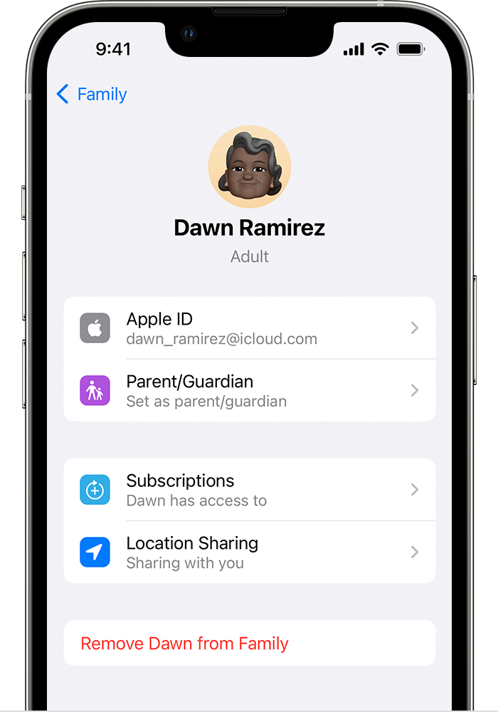 iPhone, ki prikazuje zaslon, na katerem je mogoče družinskega člana odstraniti iz družine