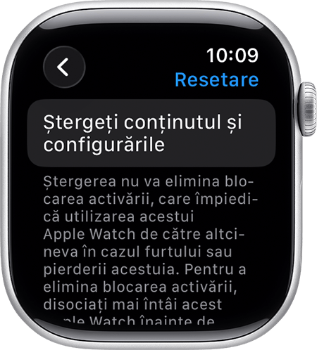 Apple Watch care afișează Ștergeți conținutul și configurările