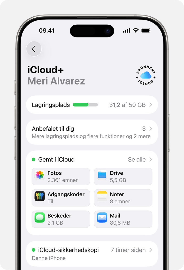 En iPhone-skærm med visning af iCloud-indstillinger. Se alt vises ud for Gemt i iCloud.