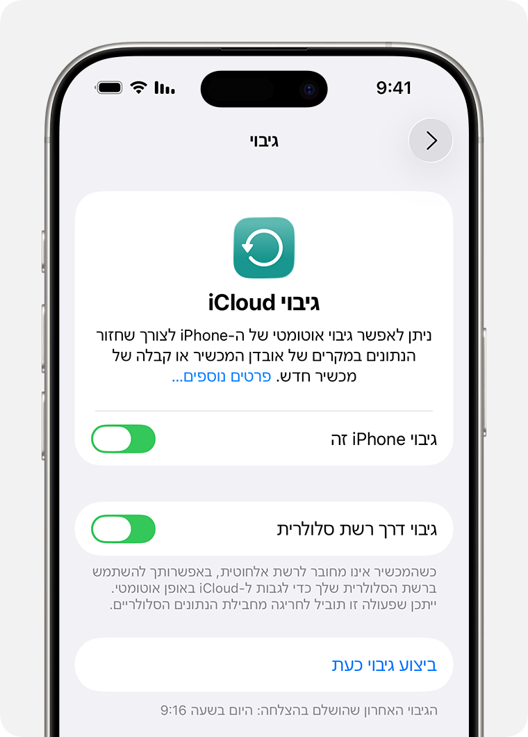 מסך iPhone שבו מוצגת האפשרות 'ביצוע גיבוי כעת'.