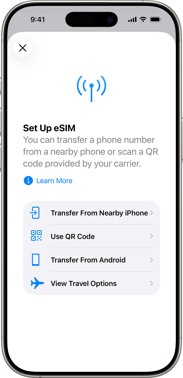 iPhone screenshot of setup of eSIM with options to transfer cellular plan from nearby iPhone or to use a QR code