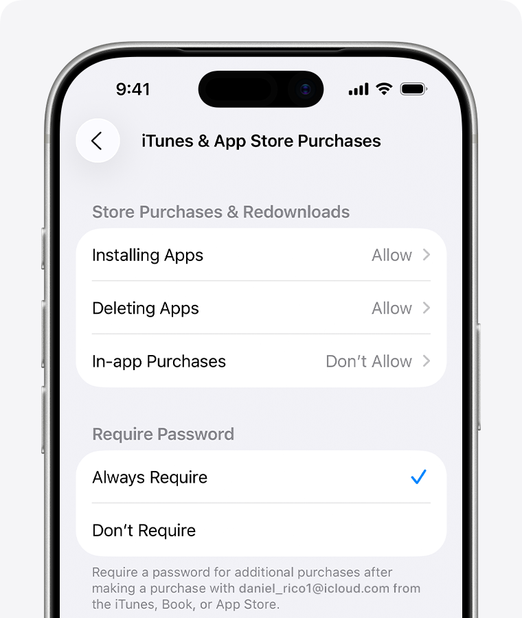 An iPhone screen showing the settings to disable iTunes & App Store purchases.