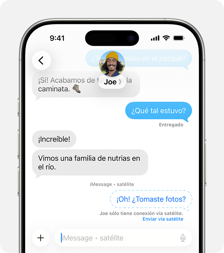 Para enviar un mensaje de iMessage a una persona sin cobertura celular y Wi-Fi, toca Enviar por satélite.