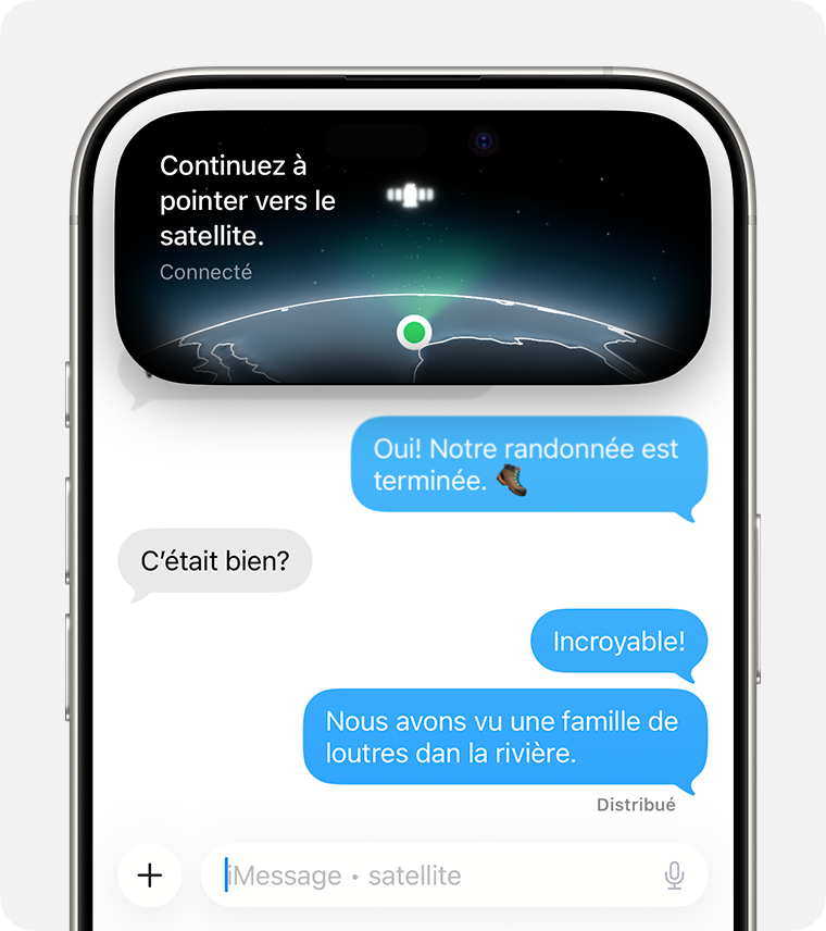 Envoi d’un SMS par satellite dans l’app Messages. Dynamic Island indique une connexion par satellite avec un signal fort.