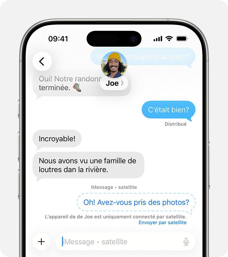 Pour envoyer un iMessage à une personne sans couverture cellulaire ou Wi-Fi, touchez Envoyer par satellite.