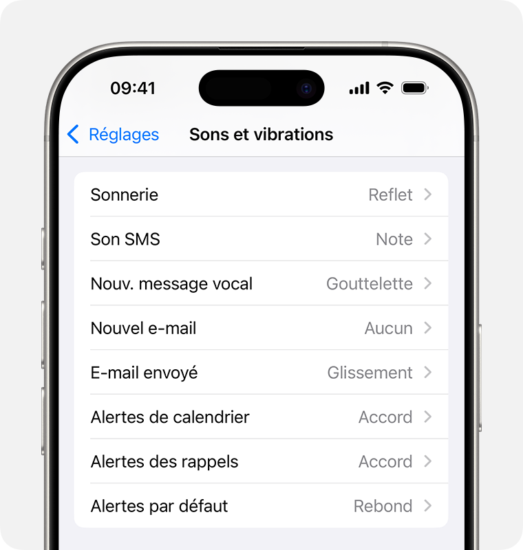 iPhone affichant le menu de modification des sons et des vibrations.