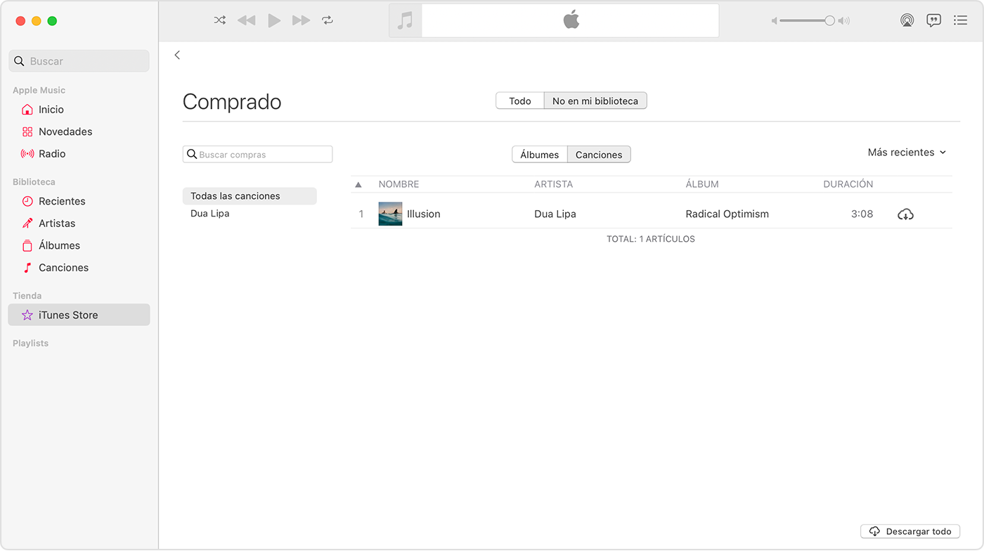 La app Apple Music en la Mac. iTunes Store está seleccionado en la barra lateral. En el lado derecho, hay una canción con un ícono de descarga.