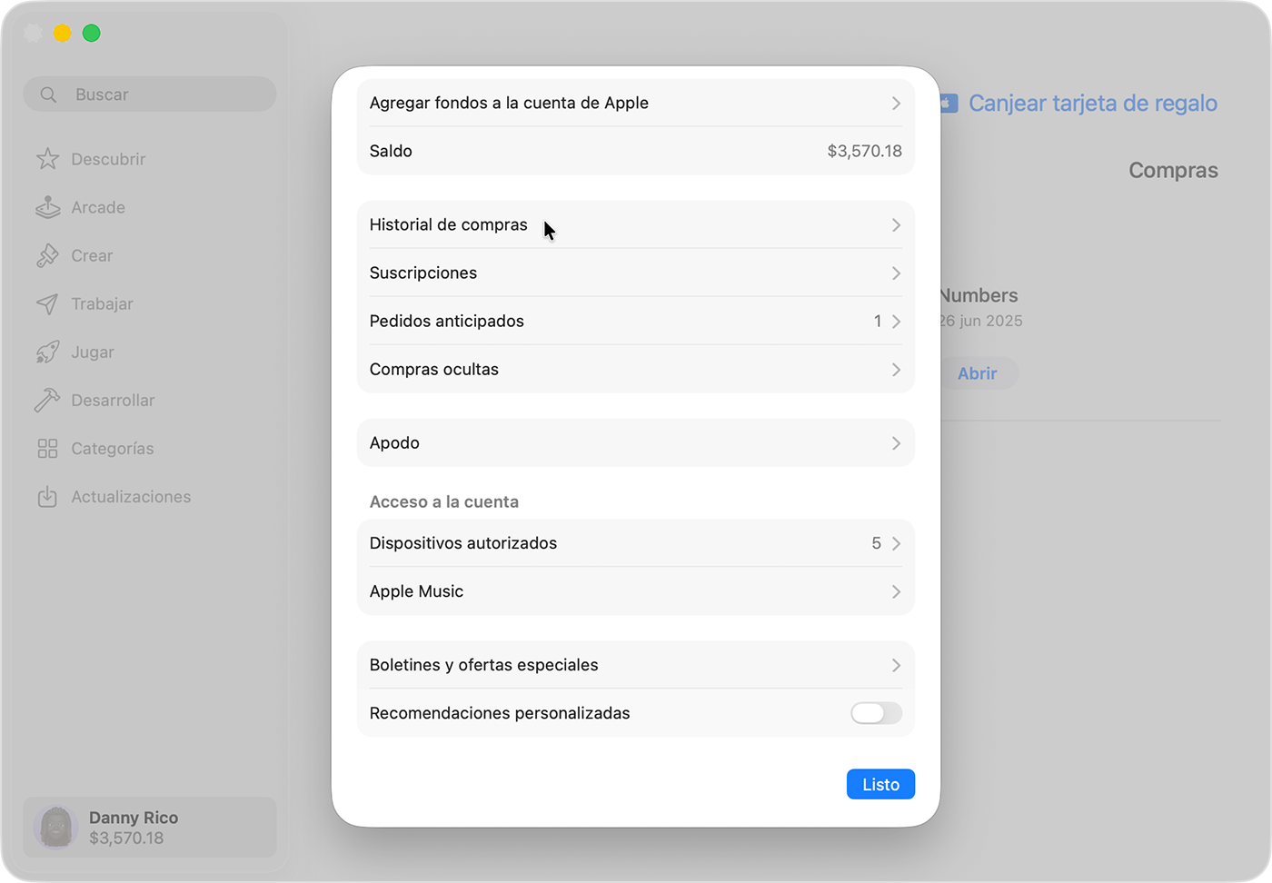 Una imagen que muestra la configuración de la cuenta en la App Store en macOS. El botón Ver todo está resaltado.