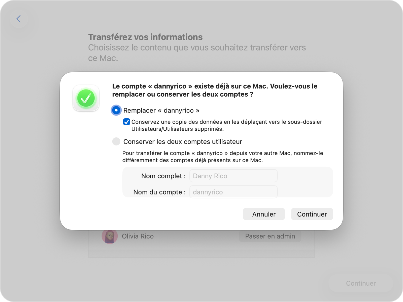 Assistant migration affichant les options de remplacement ou de conservation pour un compte existant.