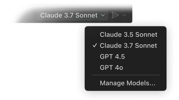 Dropdown menu in GitHub Copilot Chat displaying AI model options: 'Claude 3.7 Sonnet' selected, with other options like 'Claude 3.5 Sonnet', 'GPT 4.5', 'GPT 4o', and 'Manage Models...'