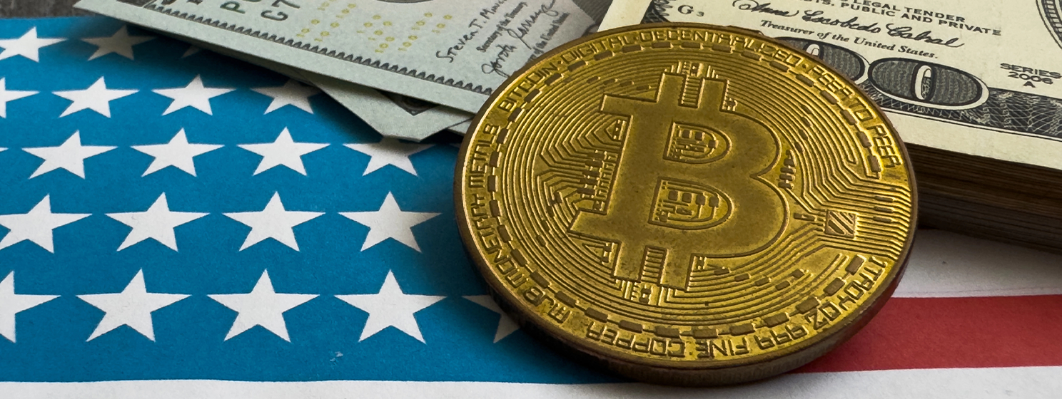 US on dollars and bitcoin background