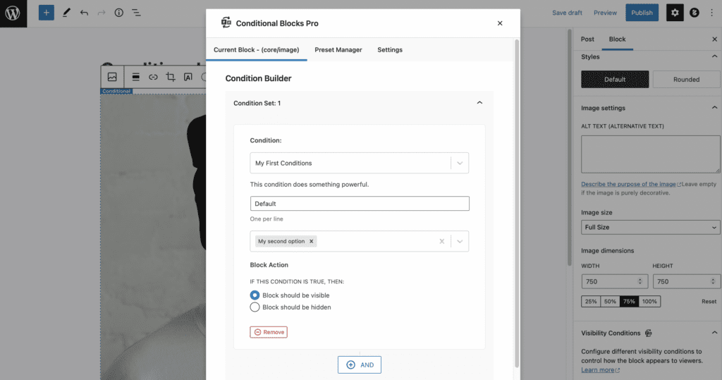 Example screenshot of a custom visibility setting for WordPress Blocks.