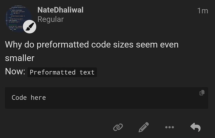 The image shows a code representation question by user NateDhaliwal regarding preformatted code sizes compared to regular text, presented on an online platform. (Captioned by AI)