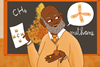 An image showing a male teacher holding a piece of paper with the structure of methane on it, a methane ball and stick molecular model, and thinking about an alternative model view; the blackboard behind shows the chemical formula of methane