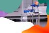 Simple distillation experiment set up, showing a conical flask containing a black coloured solution, gauze, tripod, Bunsen burner, delivery tube and a test tube in a beaker of ice water. There is a colourful border around the edge of the image
