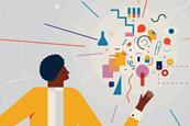 A cartoon of a person giving a presentation represented by colourful shapes.