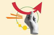 A collage of a hand holding a curly arrow with other shapes around