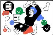 A cartoon of a woman who has closed her lapto on marking exams. She is smiling and relaxed.