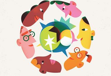 A cartoon of a circle of faces speaking