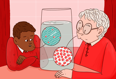 An image showing a male student and a teacher discussing different ways of representing water in solution, to challenge misconceptions about the particle model