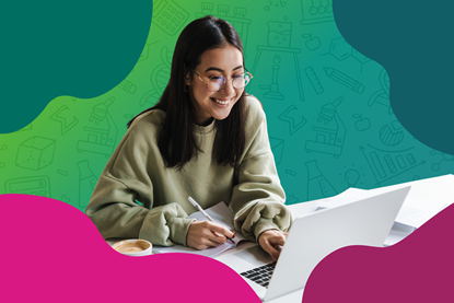 A person writing in a notebook while working on a laptop, set against a colourful science‑themed background.