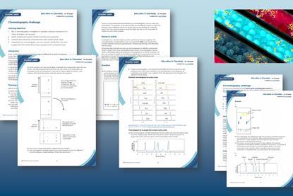 Composite image showing tubes of flourescent spheres and organic molcules and previews of the Chromatography challenge student worksheet and teacher notes, all on a blue background