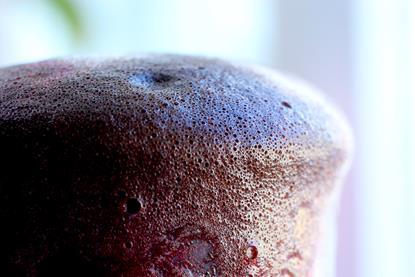 A photograph showing the catalytic decomposition of hydrogen peroxide in a glass container