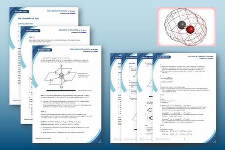 Screenshots of the chemistry of iron teacher notes and student sheets and a carbon monoxide molecule